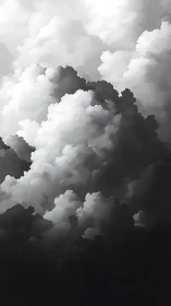 Soft stormy clouds rising in a dreamy grayscale sky.