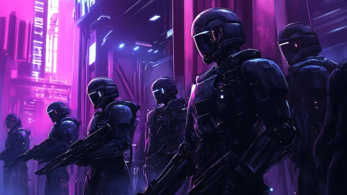 Armored futuristic soldiers in neon lit cyberpunk alley.
