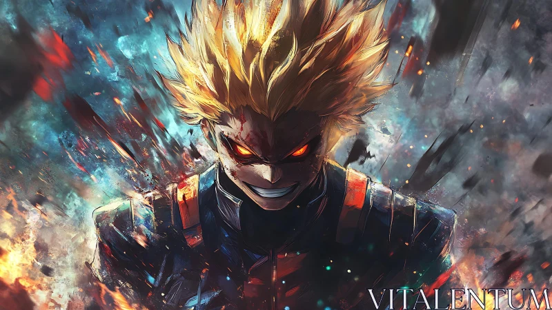 Intense anime warrior with fiery aura in battle scene.