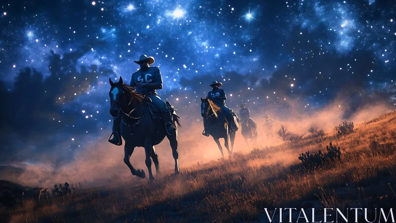 Cowboys ride through nebular night on dust-lit hillside