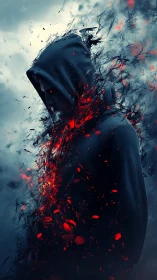 Hooded figure emerging in swirling shadows and scarlet light.