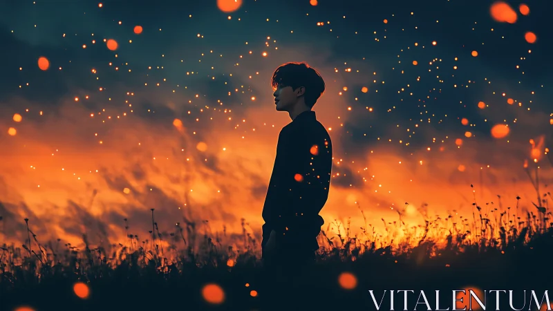 Silhouette of lone figure in glowing dusk field scene.