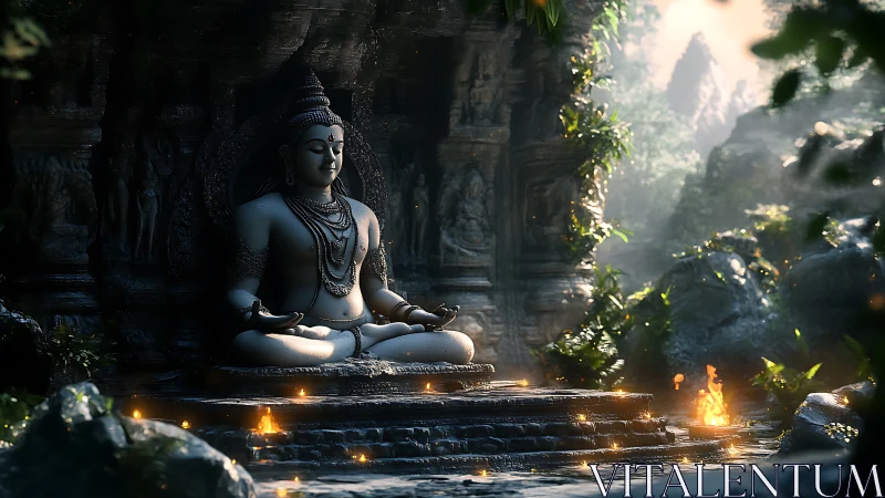 Serene stone Buddha meditates amid glowing jungle shrine.