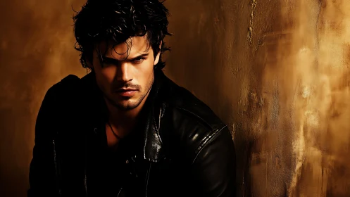 Brooding man in leather jacket against textured wall.