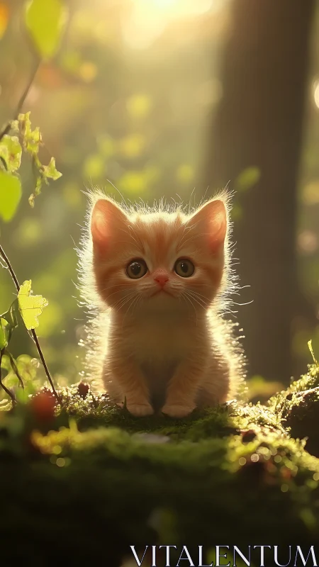 Luminescent Kitten in Verdant Forest Habitat with Bokeh Foliage.
