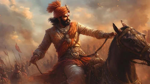 Fiery warrior king rides into a storm of rising banners.