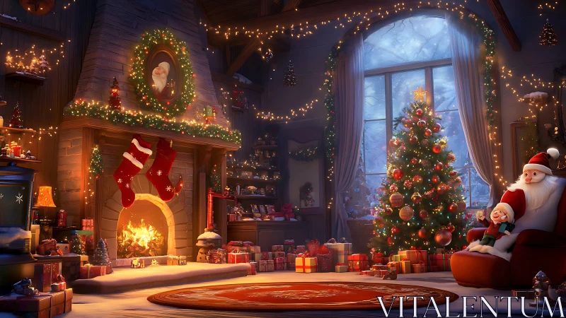 Santa figure in decorated Christmas living room interior.