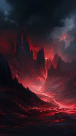 Volcanic basalt spires over incandescent magma valley under stormclouds.