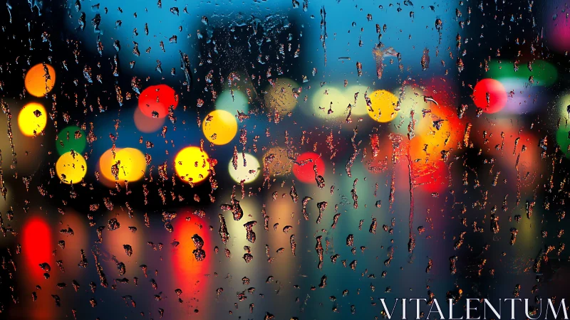 City traffic lights blurred through rainy window at night.