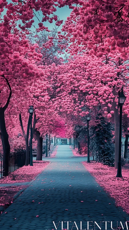 Pink blossom tree tunnel over quiet cobblestone path.