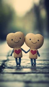 Cork-textured anthropomorphic figures with cardiac symbology in urban alleyway setting.