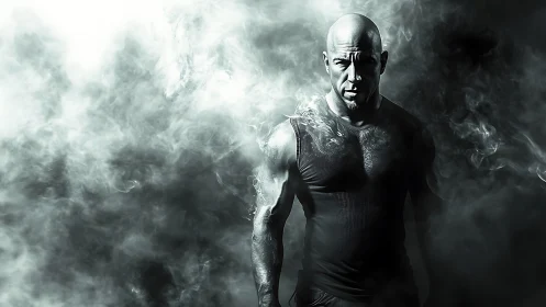 Storm-lit strength emerging from swirling studio smoke.