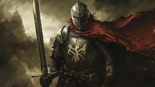 Armored medieval knight with sword and red cloak outdoors.