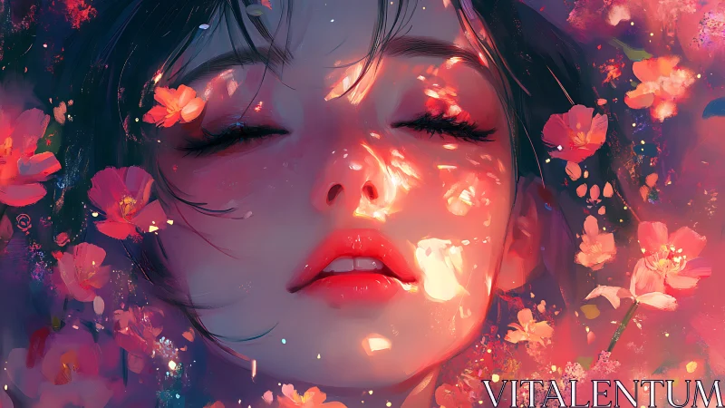 Luminous floral bokeh across serene closed‑eye portrait.