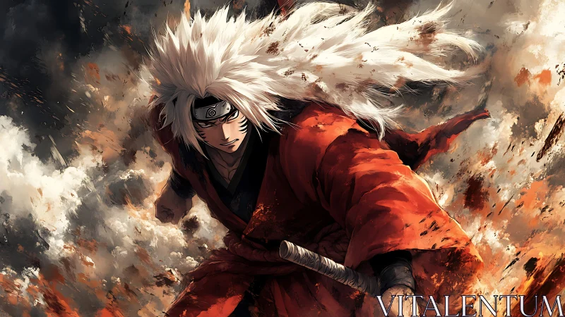 White haired anime warrior in red robe amid explosions.