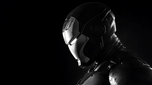 Stoic chrome sentinel bowing in the half-lit void.