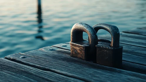Weatherworn dock cleats resting beside blue rippling water.