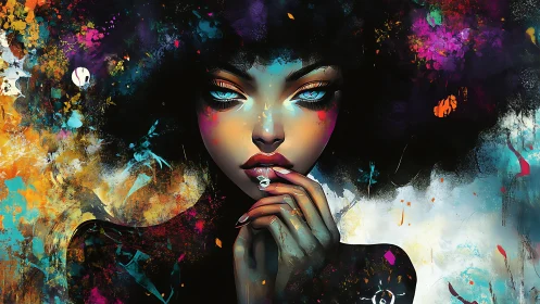 Vivid portrait merges neon splashes with hypnotic gaze.