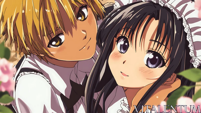 Anime couple close-up framed by soft pink garden blooms