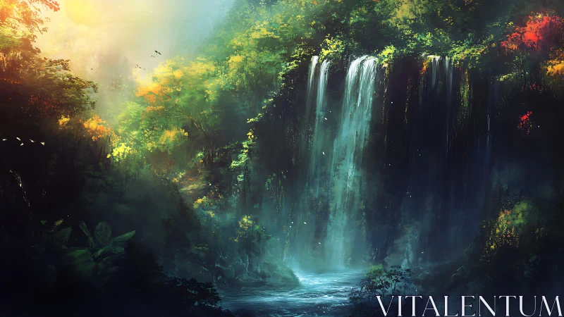 Cascade Through Dusk: Enchanted Waterfall Portal.