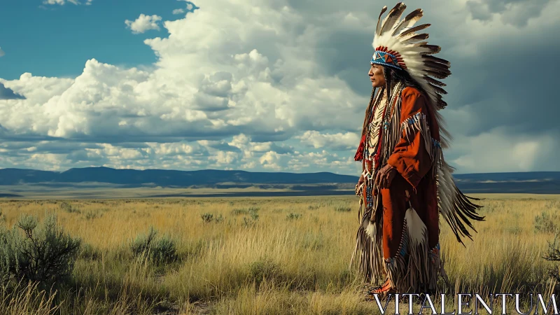 Indigenous person stands in feathered regalia on open grassland