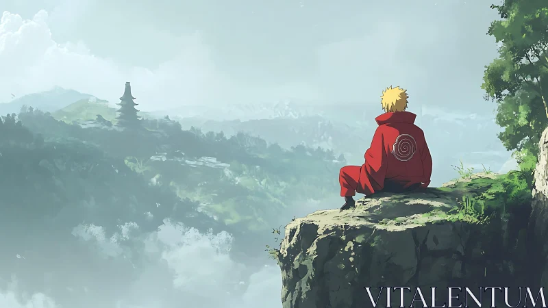 Solitary red-clad wanderer above misty temple valleys.