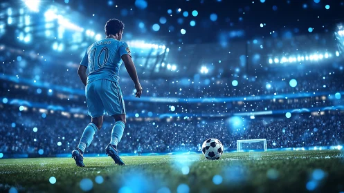 Soccer forward prepares free kick under cinematic stadium lights.