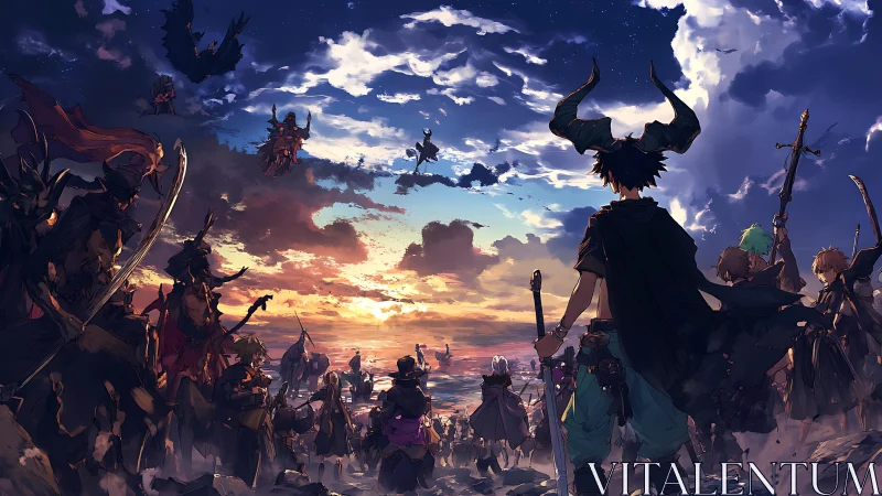 Panoramic demonic warfront at dusk with opposing fantasy armies.