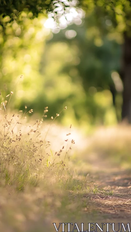 Shallow depth-of-field study isolates grasses along sunlit path