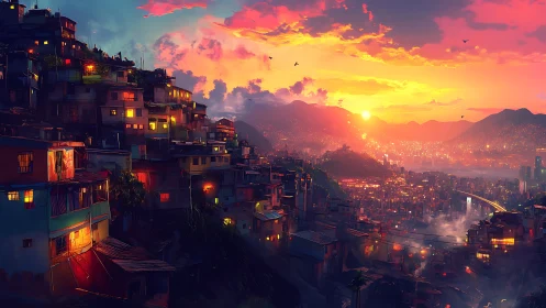 Sunset pours neon fire over hillside shanty lights