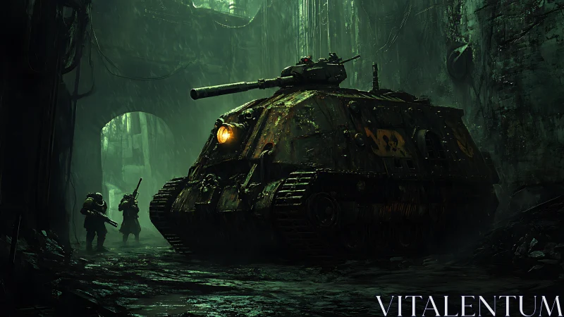 Digital painting of armored tank in dystopian urban corridor.