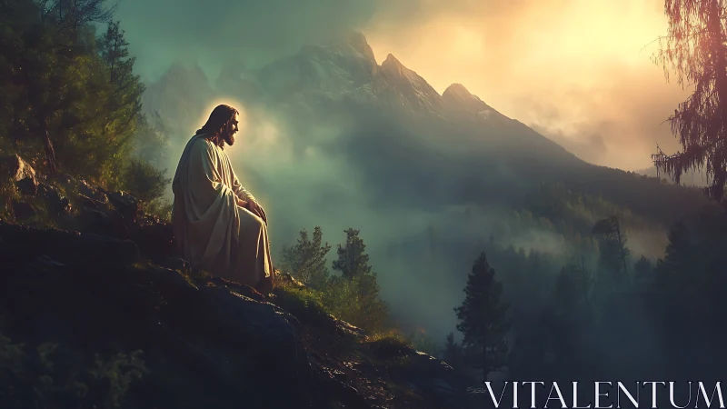 Solitary robed figure seated on misty mountain slope at dawn.