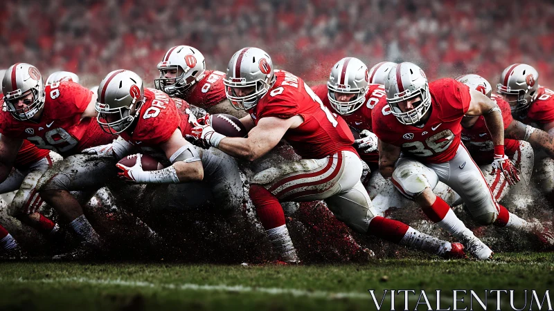 High-impact gridiron scrum with synchronized forward momentum.