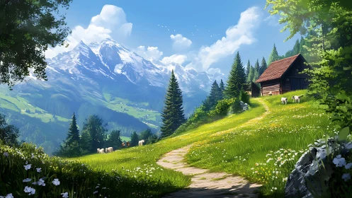 Sunny mountain meadow path leading to a cozy hillside cabin.