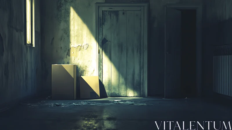 Sunlit doorway casts stark beam across abandoned room.