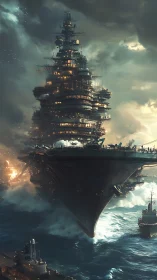 Colossal sky-tower battleship cleaves a storm-tossed sea.