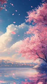 Pink cherry blossom tree over calm reflective lakeside