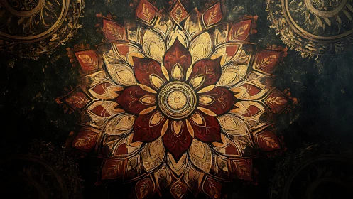 Intricate mandala flower with layered gold and red petals.