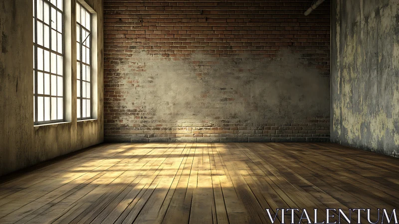 Sunlit industrial loft interior with worn brick walls.