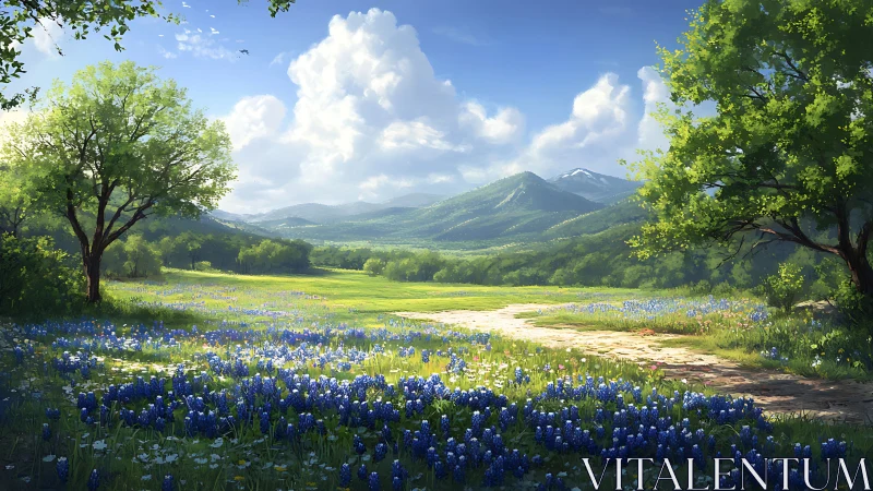 Spring meadow path beneath sunlit mountains and clouds.