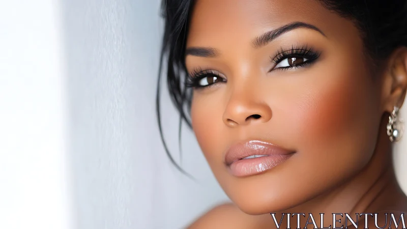 Elegant close-up portrait of woman with flawless makeup, soft lighting.