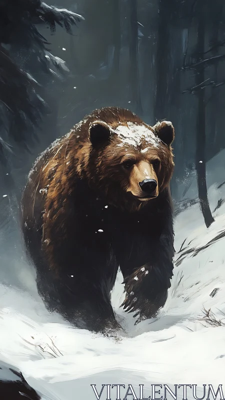 Brown bear moving through snowy conifer forest in winter.