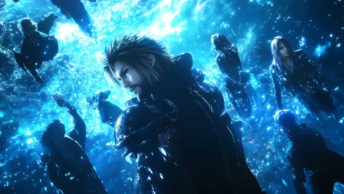 Bioluminescent ether drift with armored hero amid spectral forms.