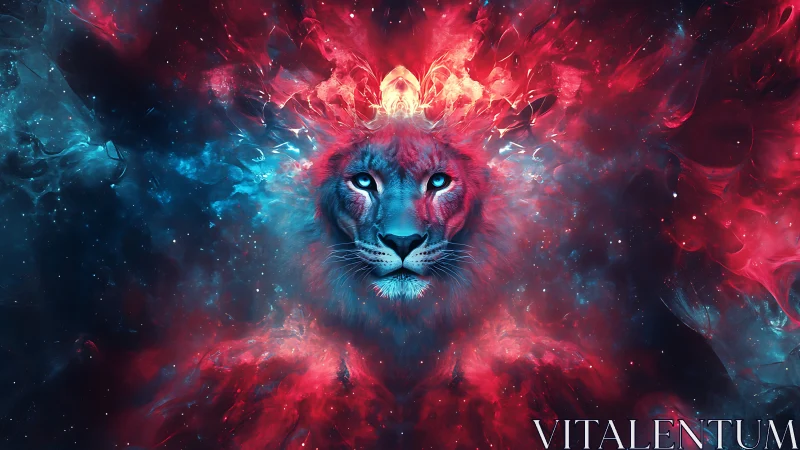 Cosmic lion head in vivid red and blue nebula glow.
