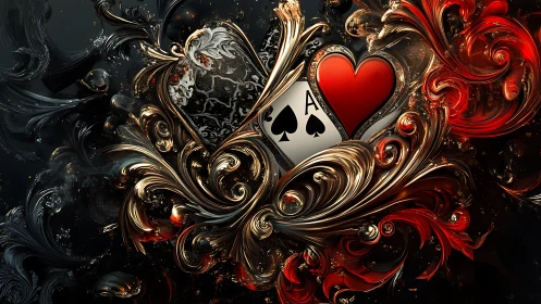 Ornate ace of spades and heart card in swirling metallic art