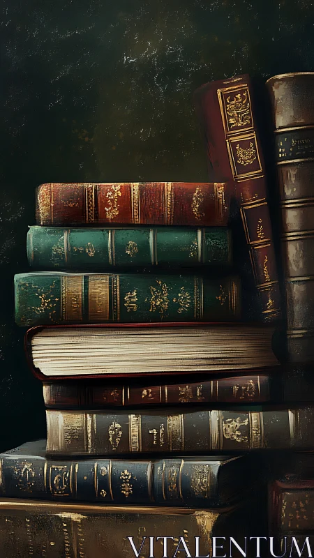 Stacked antique leather books sit against dark background
