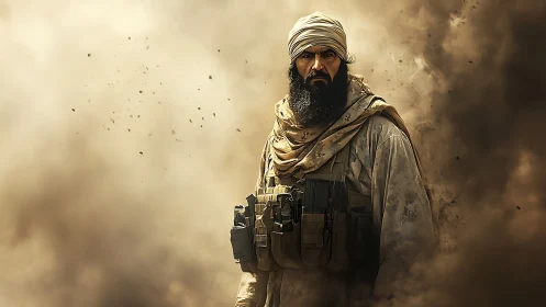 Armed man in tactical vest standing in dense desert dust.