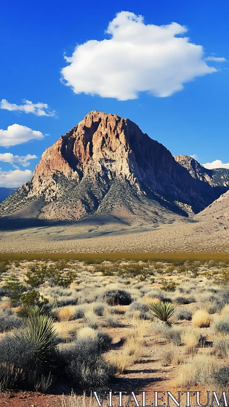Sunlit desert monolith beneath a wandering cotton cloud.