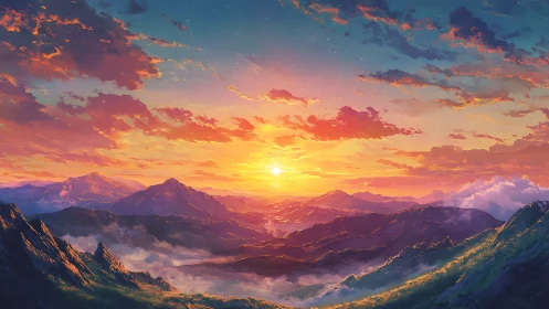 Radiant sunrise bathes layered mountain ridges in vivid color