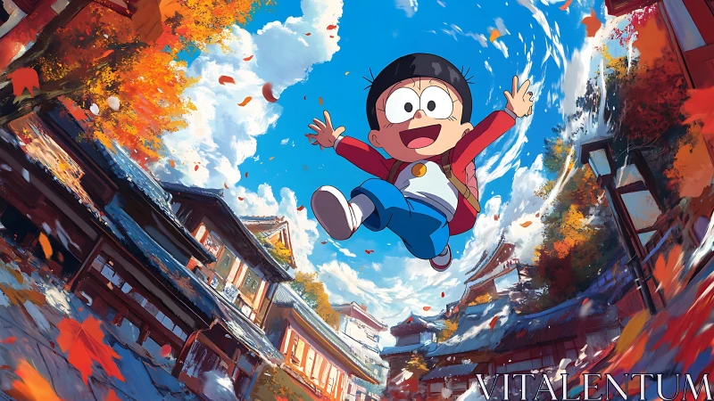 Excited cartoon boy jumps in bright autumn street scene.